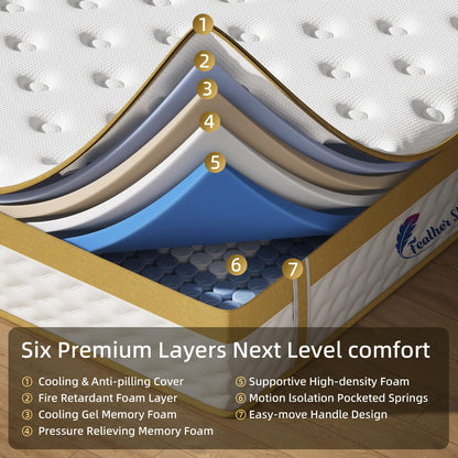 Feather Sleep Hybrid Pocket Spring Mattress | 7 Layer Pressure Relieving Cool Memory Foam Gel | Medium Firm Zero Partner Disturbance Orthopedic Mattresses